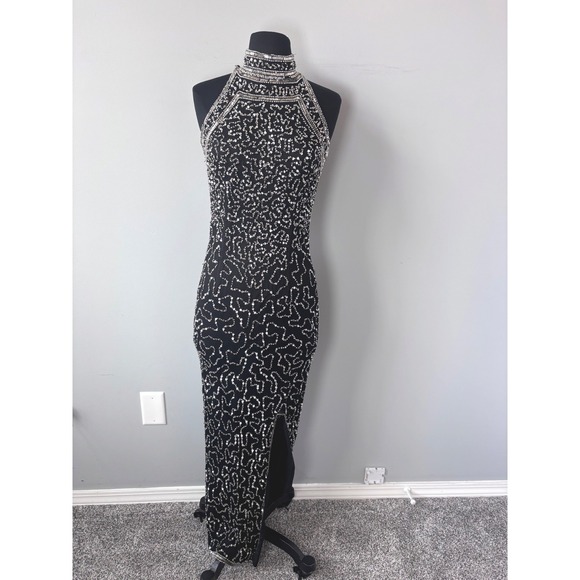 Sparkling VINTAGE 100% SILK Black Halter Neck Beaded Gown High Neck Formal  Dress - threedaughtersproperties.com